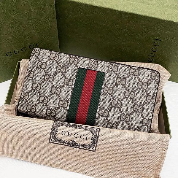 圖片 美國百分百【全新真品】Gucci 皮夾 長夾 歐洲精品 配件 錢包 經典 logo印花 綠紅織帶 咖啡 CW58