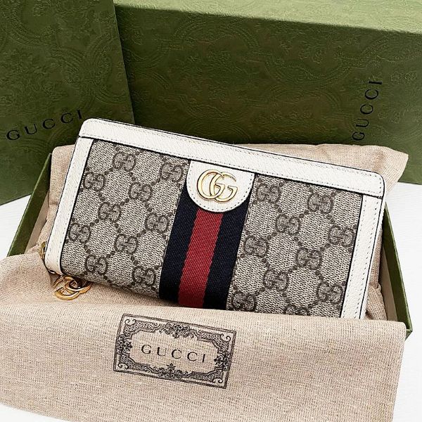 圖片 美國百分百【全新真品】Gucci 皮夾 長夾 歐洲精品 配件 錢包 經典 logo印花 藍紅織帶 白色 BP47
