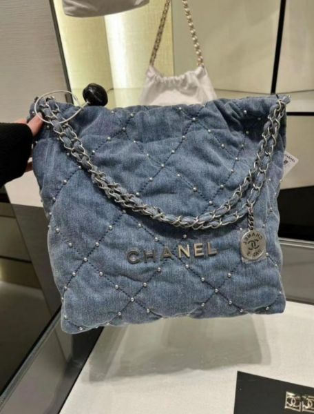 圖片 CHANEL香奈兒 Chanel 22 小型垃圾袋 珍珠牛仔包