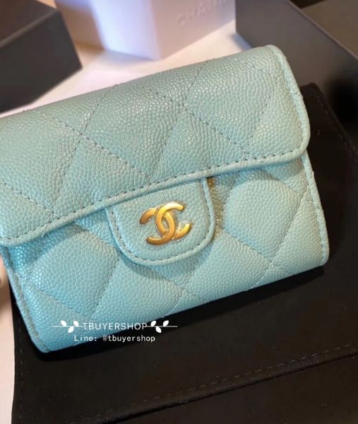 圖片 Chanel  cf 蒂芬妮綠 金扣 荔枝皮 雙層卡包/錢包