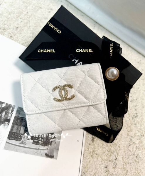 圖片 Chanel 鏤空大雙c 白金 荔枝皮 雙層卡包/錢包