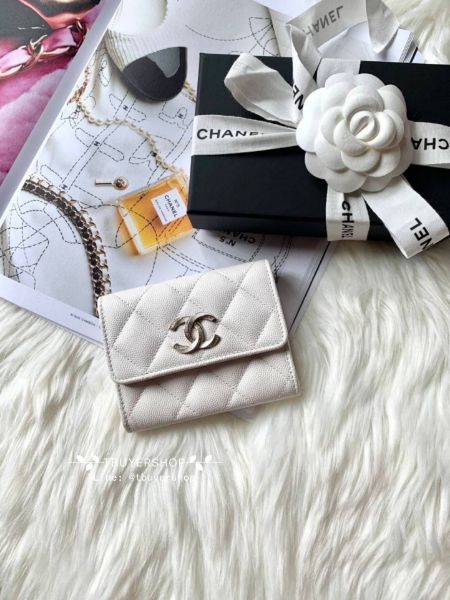 圖片 Chanel 琺瑯拼鑽  白 大雙c荔枝皮 雙層卡包/錢包
