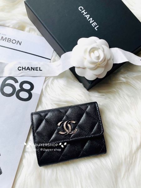 圖片 Chanel 琺瑯拼鑽 黑 大雙c荔枝皮 雙層卡包/錢包