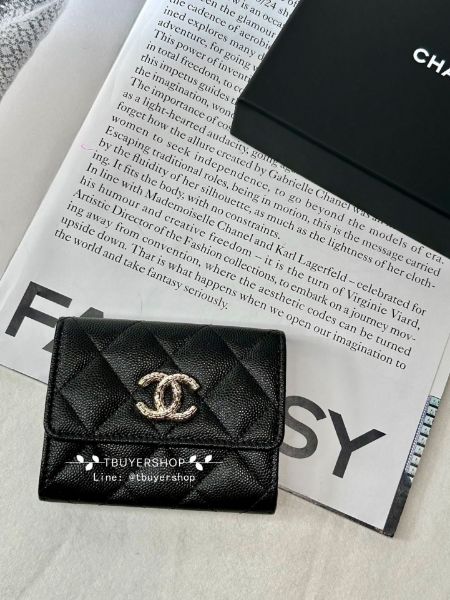 圖片 Chanel 黑金 荔枝皮 絲巾內裏雙層卡包/錢包