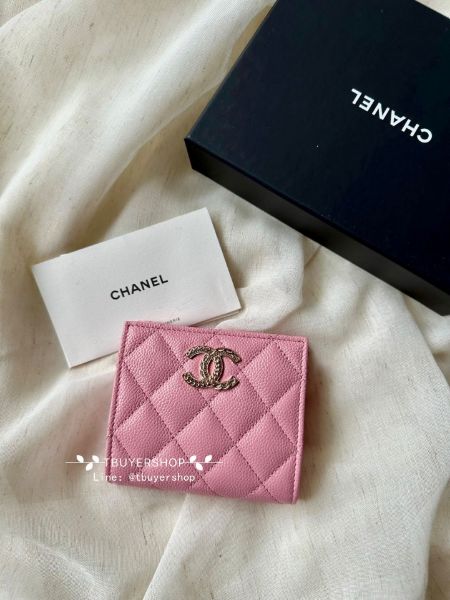 圖片 Chanel 鏈條⛓️大雙c 奶昔粉 金扣 對開短夾 鈔票可平放