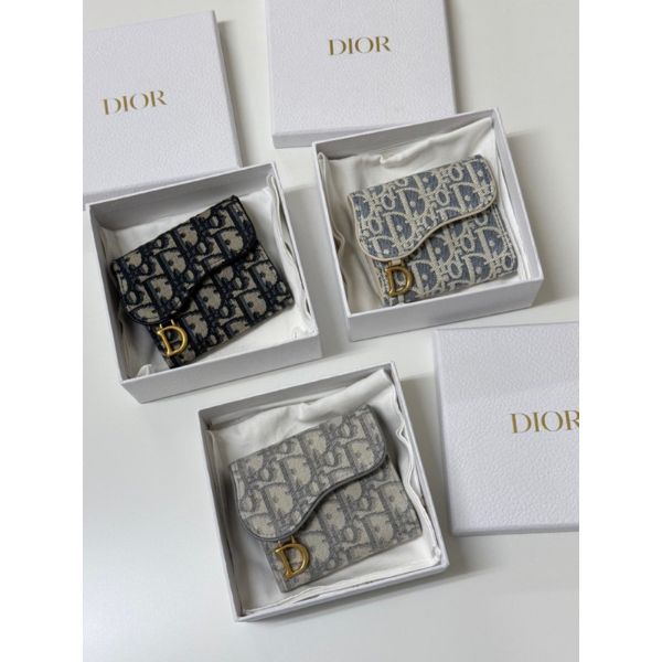 圖片 Dior 迪奧 經典緹花老花Logo 馬鞍系列 深藍 灰色 三折 女生 女款 皮夾 短夾