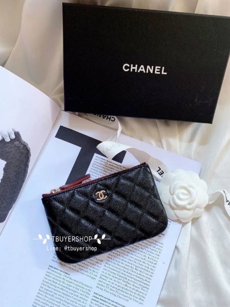 圖片  Chanel cf 黑金  荔枝皮 一字拉鏈錢包/卡包