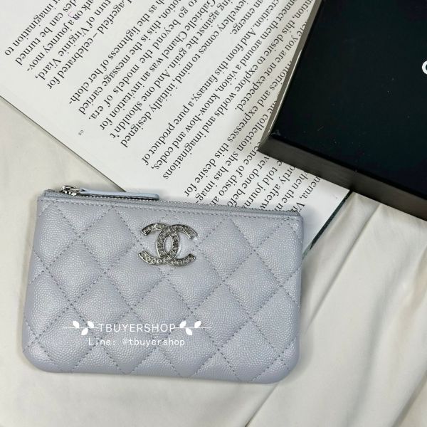 圖片 Chanel cf 淺灰銀扣 字母logo 大雙C 荔枝皮 內裏絲巾 一字錢包/卡包