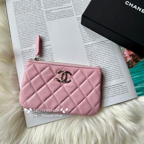 圖片 Chanel 鴛鴦扣 大雙c  粉金荔枝皮 金扣 一字錢包/卡包