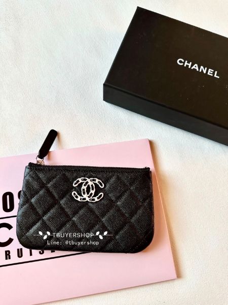 圖片 Chanel 黑白大雙c 荔枝皮 一字拉鍊錢包/卡包