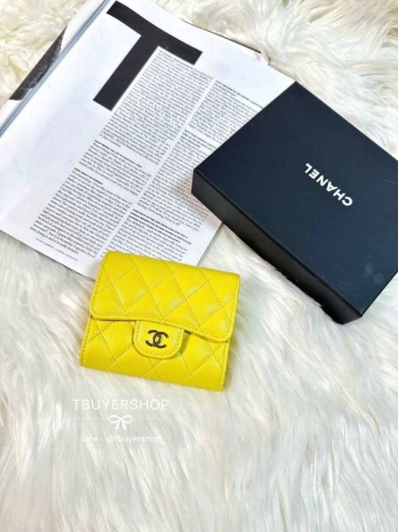 圖片 Chanel 檸檬黃 發財黃 淡金扣 荔枝皮 內裏錢袋 三折短夾
