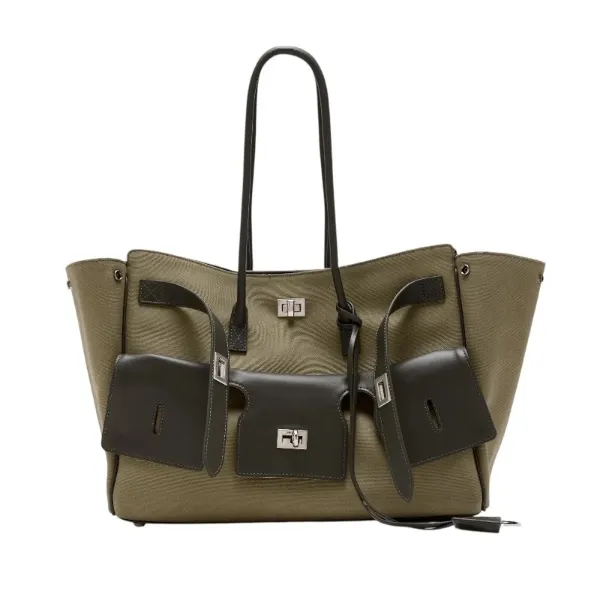 圖片 Balenciaga 835670 中款棉質小牛皮 Bel Air 包 卡其色