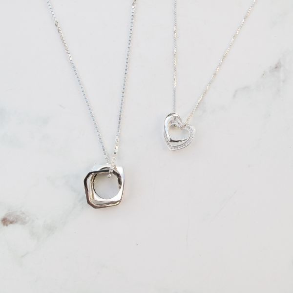 圖片 【純銀情侶對鍊】心的悸動 | 方形×愛心×鋯石對鍊 | 大員囡仔
