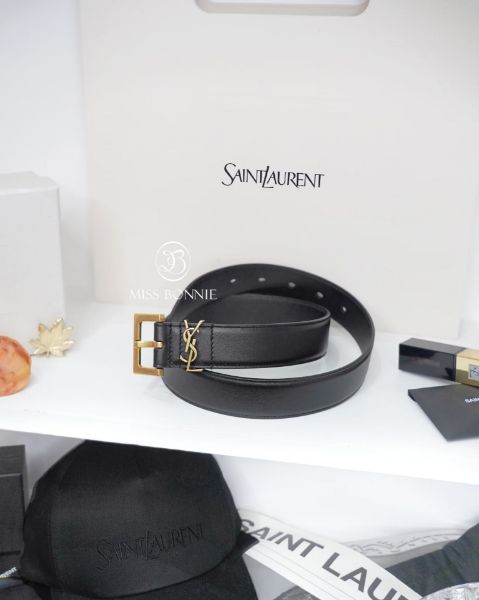 圖片 YSL 3公分滑面皮革方形釦頭皮帶-黑色/金釦(預購)