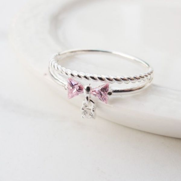 圖片 【美鑽銀飾】小公主 | 麻花蝴蝶結 雙圈鋯石純銀戒指 | 大員囡仔