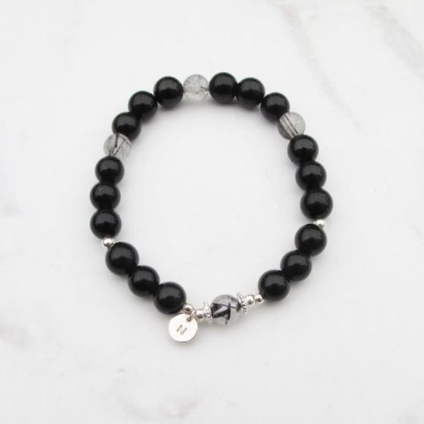 圖片 【客製水晶手串】守護 |黑曜石×黑髮晶 銀牌男款手鍊| 大員囡仔