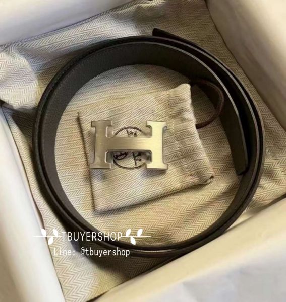 圖片 Hermes 32mm 黑拼錫器灰 拉絲銀扣 雙面腰帶 皮帶 尺寸95 含盒子提袋 送禮合適
