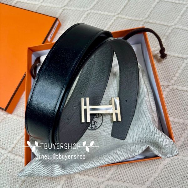 圖片 Hermes 雙H淡金扣 黑灰90 32mm雙面腰帶皮帶 含盒子提袋 送禮合適