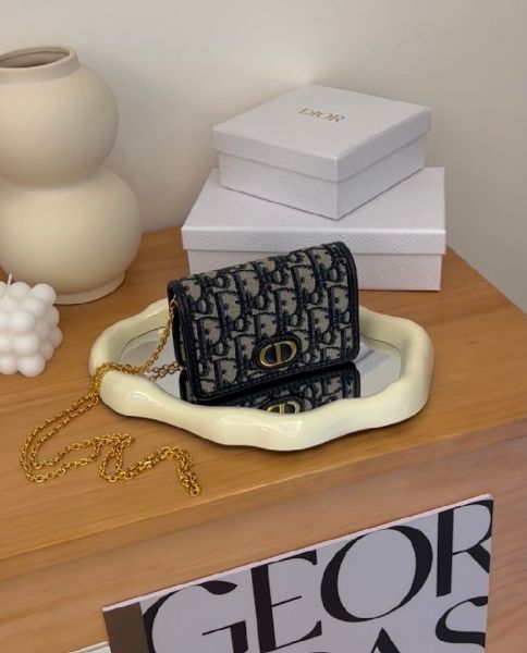 圖片 【DIOR】刺繡馬鞍三折短夾 藍色老花