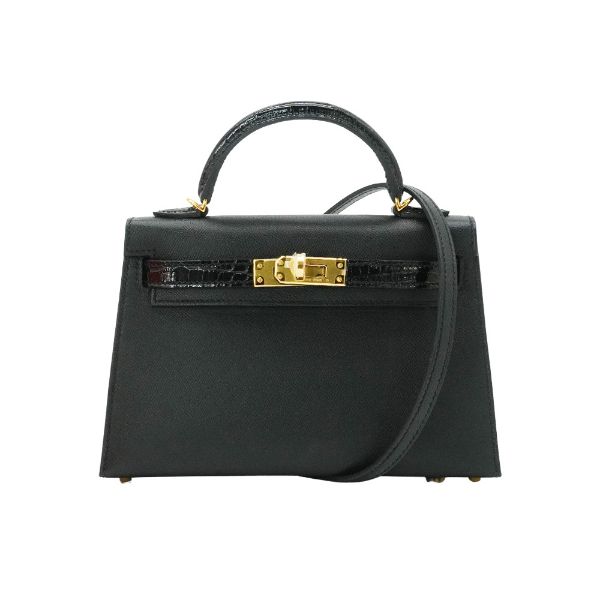 圖片 Hermes Mini Kelly 2代 鱷魚皮拚Epsom牛皮手提斜背包(黑/金釦)