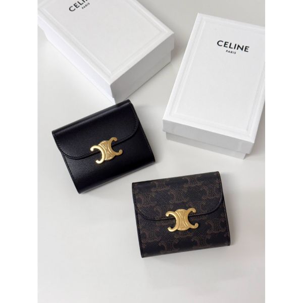 圖片 Celine 經典凱旋門設計 黑金、咖啡色滿版 三折短夾