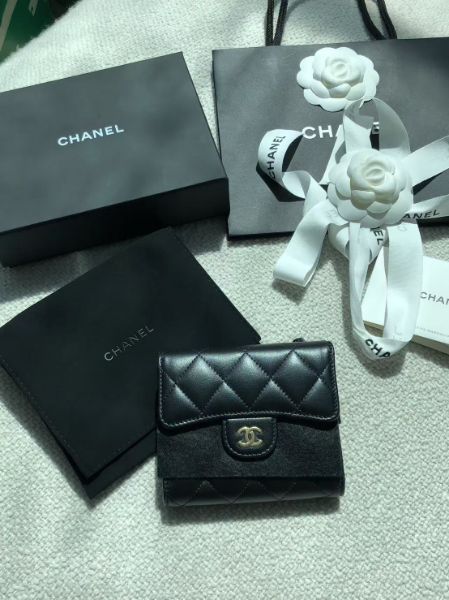 圖片 Chanel cf 黑金羊皮 荔枝皮 三折短夾錢包