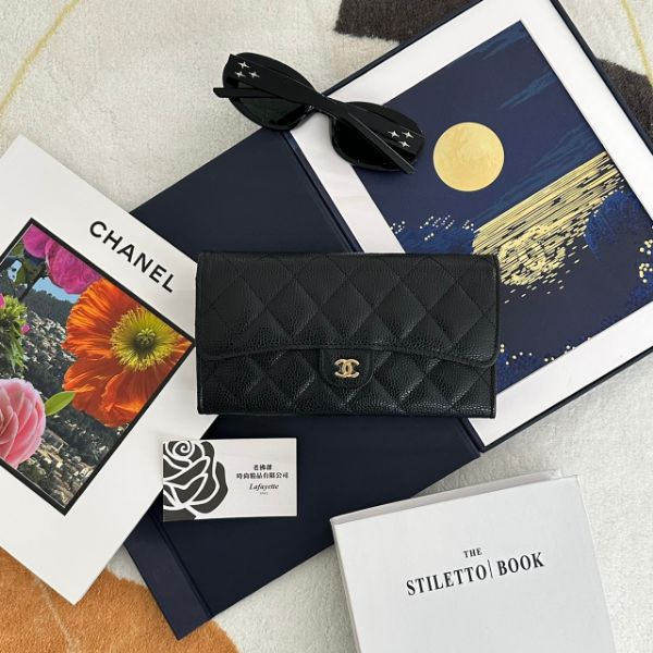 圖片 CHANEL COCO 黑金菱格紋荔枝小牛皮 信封長夾