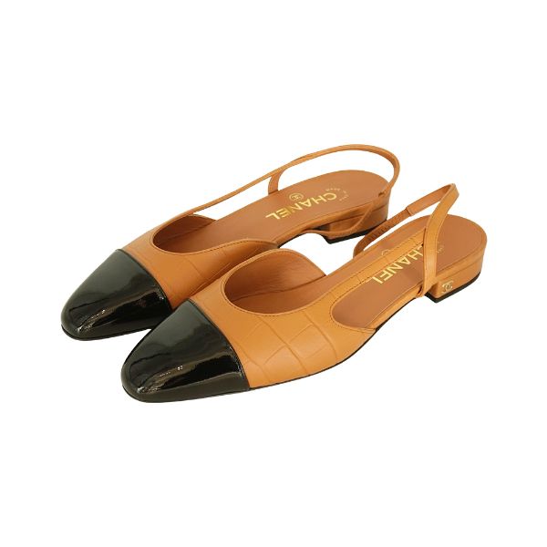 圖片 Chanel 展示品 漆皮拚鱷魚紋皮革鬆緊帶涼鞋#38.5(G31319-駝色)