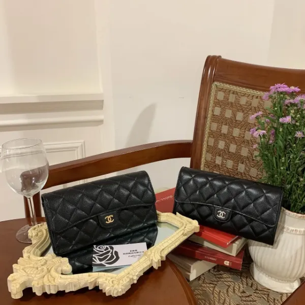 圖片 CHANEL COCO 黑銀菱格紋荔枝小牛皮信封長夾