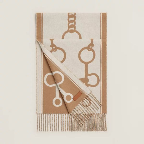 圖片 Hermes Casaque Mors 駝色x象牙色騎士服羊絨圍巾