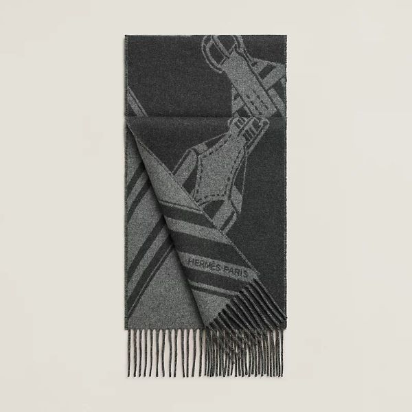 圖片 Hermes Sangles en Zig Zag 深灰x淺灰曲折鞍帶羊絨圍巾