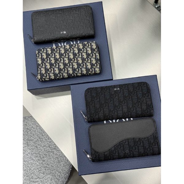 圖片 Dior 經典 黑老花、卡其老花、皮革 拼接設計 男生 拉鏈長夾