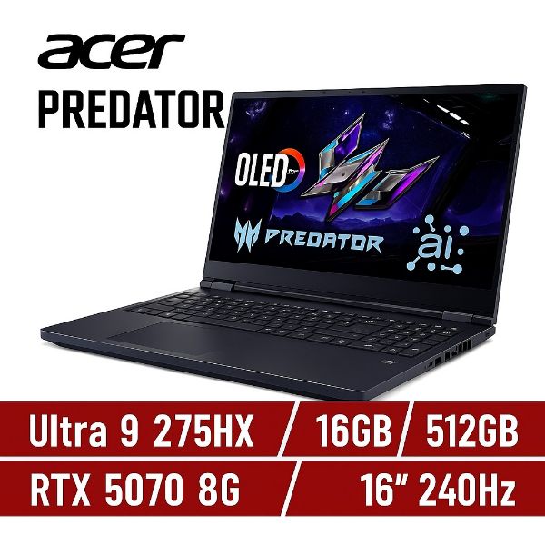 圖片 ⭐️ACER 宏碁Predator 16吋 AI電競筆電 黑(Ultra9 275HX/16G/512G/RTX5070-8G/WIN11/PHN16S-71-90J2)	⭐️