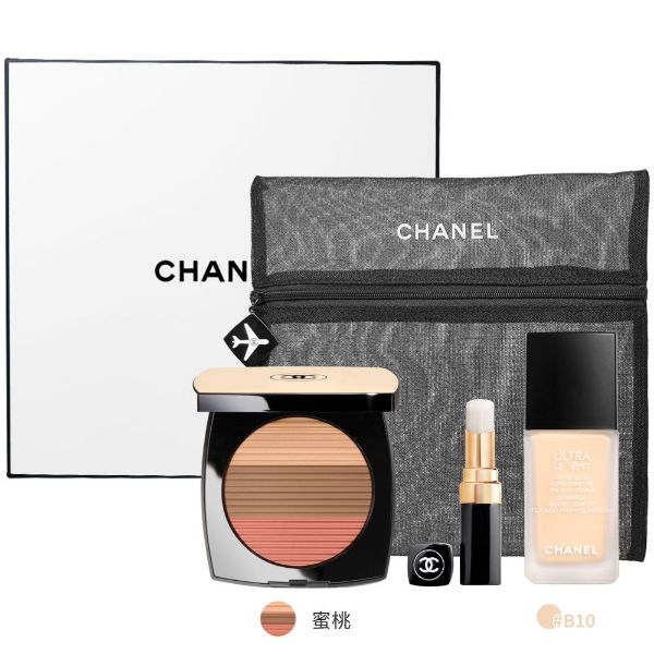 圖片 CHANEL 香奈兒彩妝 底妝修容組-雪紡粉底液三色彩頰盤護唇膏附飛機網紗收納袋