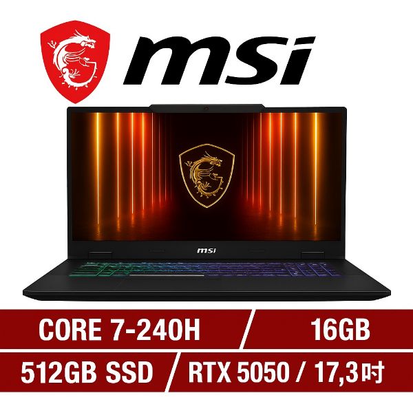 圖片 MSI 微星Cyborg 17 17.3吋 電競筆電黑色(Core 7-240H/16G/512G SSD/RTX5050-4G/W11/B2RWEKG-019TW)🎈送保護套/滑鼠墊/鍵盤膜🎈