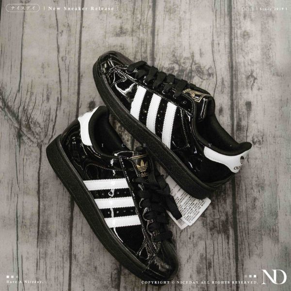 NICEDAY 現貨 Adidas Superstar 2 黑 漆皮 黑白 黑魂 板鞋 JS4009
