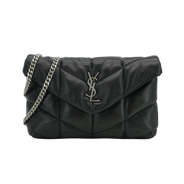 圖片 YSL Puffer Toy V紋絎縫羊皮肩背包(759337-黑)