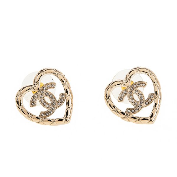 圖片 CHANEL 香奈兒 新款縷空格紋愛心CC LOGO水鑽貼耳針式耳環 (淡金)