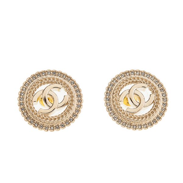 圖片  CHANEL 新款金色圓形水鑽雙C LOGO穿式耳環
