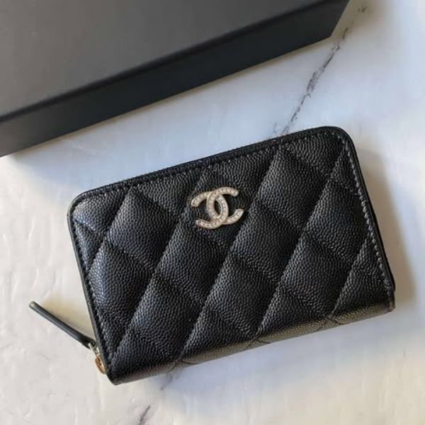 圖片 Chanel 25b 黑金荔枝水鑽加大版零錢卡包