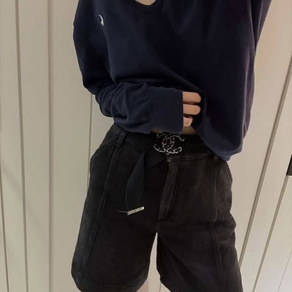 圖片 Chanel 19p黑色牛仔編織腰帶短褲