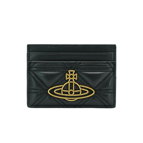 圖片 Vivienne Westwood 絎縫皮革金土星logo四卡卡夾(黑)