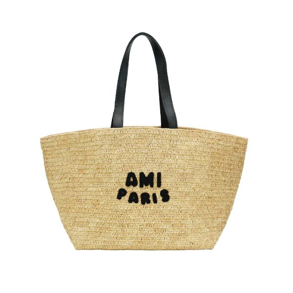 圖片 Ami 立體黑logo草編肩背托特包(米/黑)