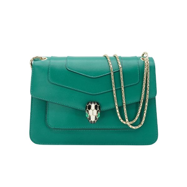 圖片 Bvlgari Serpenti Forever 小牛皮琺瑯蛇頭釦環金鍊雙層肩背包-大(綠)