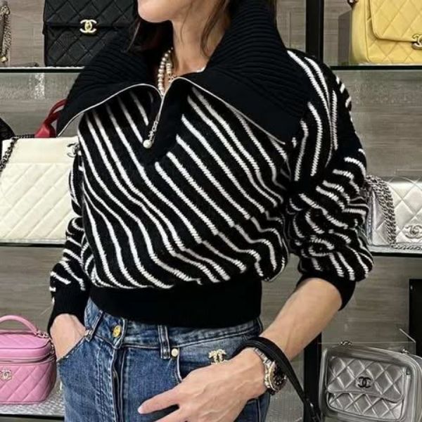 圖片 Chanel 21b黑白條紋針織翻領長袖