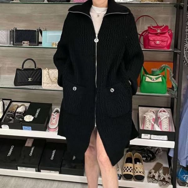 圖片 黑色針織長版拉鍊開衫外套