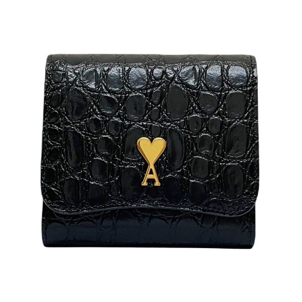 圖片 AMI PARIS 品牌LOGO 鱷魚紋皮革按扣短夾(含拉鍊零錢袋) 黑色 - USL203 AL0075001