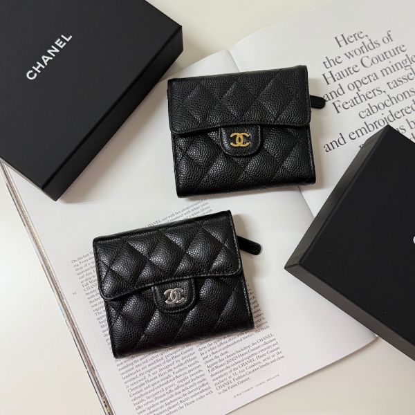 圖片 Chanel 香奈兒 菱格紋 荔枝皮革牛皮 黑銀扣 黑金扣 女生 女款 三折 皮夾 短夾