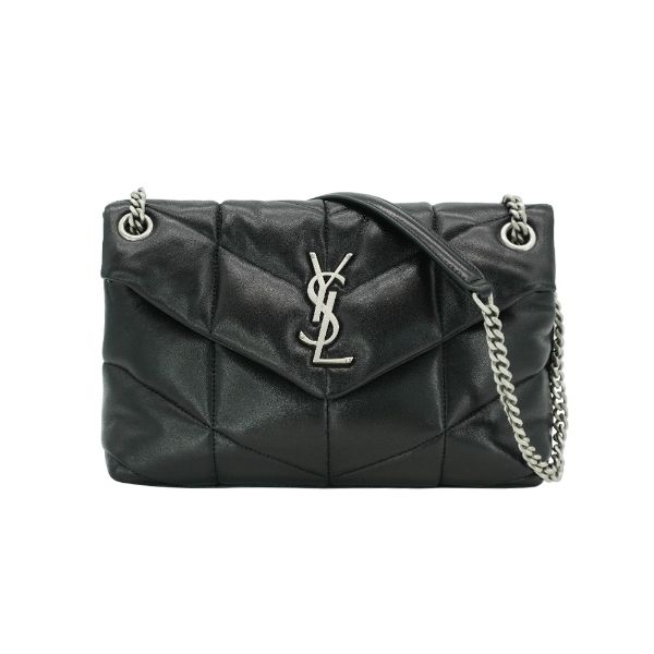 圖片 YSL Puffer 銀鍊羊皮肩背/斜背包-小(577476-黑)