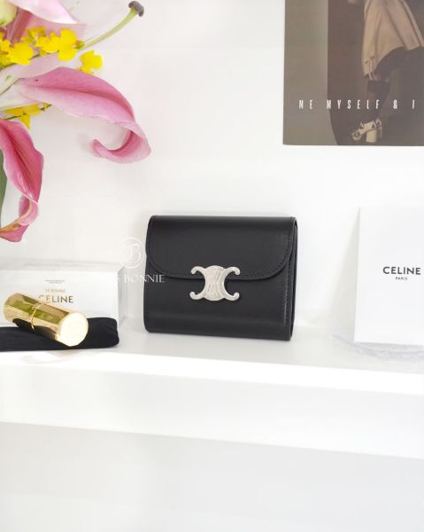 圖片 CELINE 凱旋門釦小牛皮短夾-黑色/銀釦(預購)